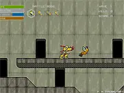 Robot character fighting numerous enemies in the top-down action shooter game Rabid, with blood splatters on the arena walls