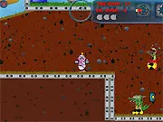 Bazooka Baby Rampage game screen, showing a baby firing a bazooka at a group of hostile animated toys