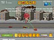 Screenshot of Brainzilla: Bomb the Humans showing a giant brain floating over a city street bombing police cars