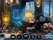 The Halloween Souls free online hidden object game screenshot showing a haunted room filled with spooky items to find.