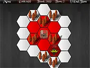 Strategy game screen for Kingdoms 2 showing a map divided into hexagonal tiles with bases, farms, and different colored territories