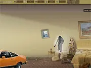 Play The Golden Republic free online: screenshot of a character jumping on a bed to launch an object onto a person