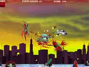 Giant Monsters Attack free shooter game screenshot showing a player's turret shooting at a large red flying alien monster in the sky