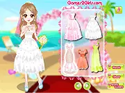 Fashion game screenshot of a pretty bride character named Emily trying on an elegant white wedding gown and holding a bouquet.
