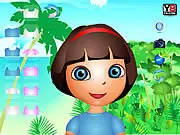 Screenshot of the free online dress-up game Dora in the Jungle showing the character Dora with a selection of clothing items and accessories for her jungle adventure.