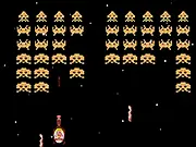 Screenshot of the Waffle Invaders arcade game showing the syrup fighter shooting at incoming extraterrestrial waffle enemies and bacon projectiles