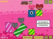 Heart Breaker game screenshot showing a collection of pink and grey hearts arranged on platforms, with one grey heart selected for removal by a mouse cursor. Play free online physics puzzle game.