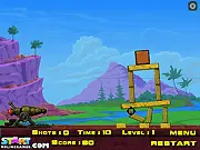 Shatter Cannon game screenshot showing a cannon on a hill aiming at a tall, complex wooden tower, with a target line near the ground. Play free online physics puzzle game.