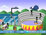 Causality Aquarium game screenshot showing a vibrant underwater scene with bubbles, fish, and several small stick figures placed near interactive objects like anchors and pipes. Play free online puzzle game.