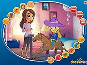 Screenshot of Birthday Gift from Mom dress up game showing a girl next to a wooden horse toy