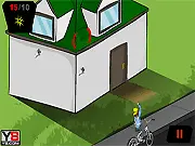 Newspaper Boy Saga online game screenshot, tossing dynamite newspapers, free arcade action game playarcadehub, upgrading bike for delivery