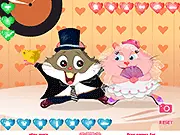 Hamster Couple Dress Up game screen showing two adorable, chubby hamsters, one wearing a tuxedo and the other a dress, posing in a decorated cage.
