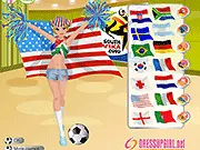 Screenshot of South Africa Football Fashion Dress Up game, a girl in a colorful, patriotic outfit, playing free online