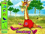Screenshot of Lazy Giraffe dress up game, a giraffe wearing a funny, candy-colored outfit and accessories, playing free online