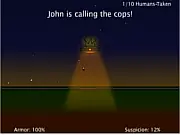 Screenshot of the free online game A King Among Them, showing a large alien spaceship using a green gravity beam to lift buildings over a city.