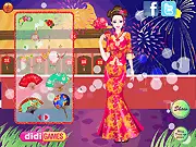 Asian Lunar New Year Dressup game showing a girl in a beautiful traditional Qipao or Hanbok outfit, play free online