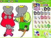 Paint Babar and Family game screen, showing the Babar elephant characters waiting to be colored by a child
