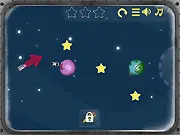 Screenshot from Space Madness Old game showing a satellite orbiting around planets and moons in space aiming for distant stars