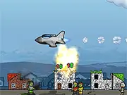 Zomber free online game screenshot showing a bomber plane dropping explosives on zombies and buildings in a city.