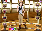 Screenshot of the free online game Horse Girl Rider Dress Up, showing a girl in a stylish equestrian outfit, complete with a helmet, next to her horse.