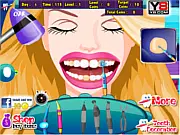 A close-up view of a patient's mouth being cleaned with dental tools in the Dentist Saga online business simulation game.