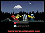 Screenshot of NinjaGo Monster Forest game showing a ninja character fighting a monster in a dangerous forest environment