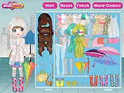 Rainy Day Dressup online game screenshot, girl wearing a raincoat and holding an umbrella, free fashion game playarcadehub, cute stylish rain gear