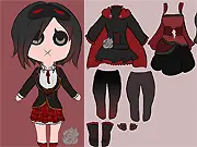 Free online game thumbnail for Ruby Rose Dress-Up, showing a stylish character model wearing a beautiful rose-red outfit.