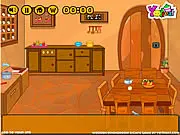 A close-up view of the wooden dining room table and chairs with several hidden objects, hinting at the puzzles in the free online escape game Wooden Dining Room Escape
