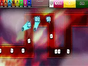 Screenshot of the BoxDude TD DX tower defense game showing turrets placed on the map path defending against block-shaped enemies