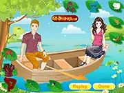 Screenshot of the Romantic Boat Trip dress up game showing a stylishly dressed couple standing together, surrounded by menus of clothing and accessories