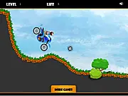 Viking Bike Stunts game screenshot showing a Viking riding a dirt bike over a large ramp, play free online stunt bike game