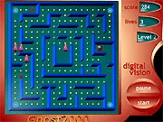 Screenshot of Ghost 2000, a fast-paced maze arcade game showing a character pursued by colorful ghosts, similar to the classic Pac-Man.