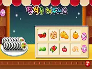 Screenshot of Sushi Noodle online game: A cute girl chef preparing sushi rolls and instant noodles in a Japanese-themed kitchen.