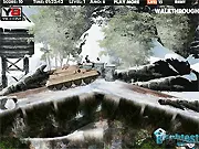 Screenshot of Operation: Winter Force online game: A powerful tank driving over snow and shooting at an enemy turret.