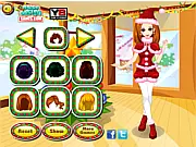 Screenshot from White Christmas Makeover online dress-up game, showing a character wearing festive holiday clothes and accessories with a snowy background.