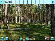 Screenshot of the Escape the Santa free online point and click game, showing a hidden house in a forest on PlayArcadeHub