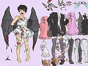 Dilx's Dress Up game screen featuring the dark angel model with various gothic, fantasy-themed clothing and wings available for customization.