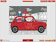 Screenshot of Christmas Taxi Jigsaw puzzle game showing pieces scattered around a partial image of a red taxi carrying gifts in a snowy setting. Play free online.