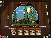 Screenshot of Tap Heroes free online game showing a warrior, rogue, and mage fighting cartoon enemies on a puppet stage with fantasy RPG elements