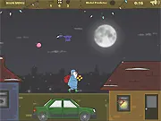 Screenshot of Crash Christmas game showing a character running on a snowy rooftop, ready to throw an object toward a window glowing with Christmas lights.