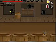 Stickman cowboy characters shooting bullets at each other in a frantic, dusty Wild West setting in the Dust and Sun V2 online shooter game.