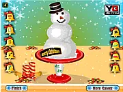 Play Snowman Designer Online Game free, decorating a snowman with a smiley face, buttons, hats, and a scarf in the winter yard