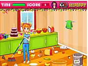Screenshot of the free online game Christmas Day Clean Up, showing a heavily cluttered living room filled with toys, clothes, and Christmas decorations that need to be put away.