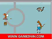Cartoon Hero Xmas Fighting game featuring Tom, Jerry, Finn, and Rigby playing snowballs, free online fighting game