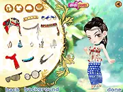 Screenshot of Island Girl Dress-Up online game: Talia, a stylish girl, wearing a vibrant tropical outfit and makeup, ready for her exotic island vacation.