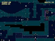 Screenshot of Blaster Bot 2D side-scroller online game showing a blue robot shooting enemies in a hazardous, virus-infected factory environment