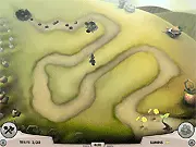 Gameplay screenshot of Kiz Flower Defense showing turrets firing at small insect enemies along a pathway to protect the main flower garden.
