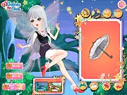 Screenshot of Singing in the Tree free dress up game showing the character Katia sitting on a tree branch with various clothing options around her
