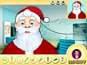 Screenshot of the free online game Santa Beard Salon, showing Santa Claus sitting in a barber chair with various tools like scissors and razors laid out ready for a shave and haircut.